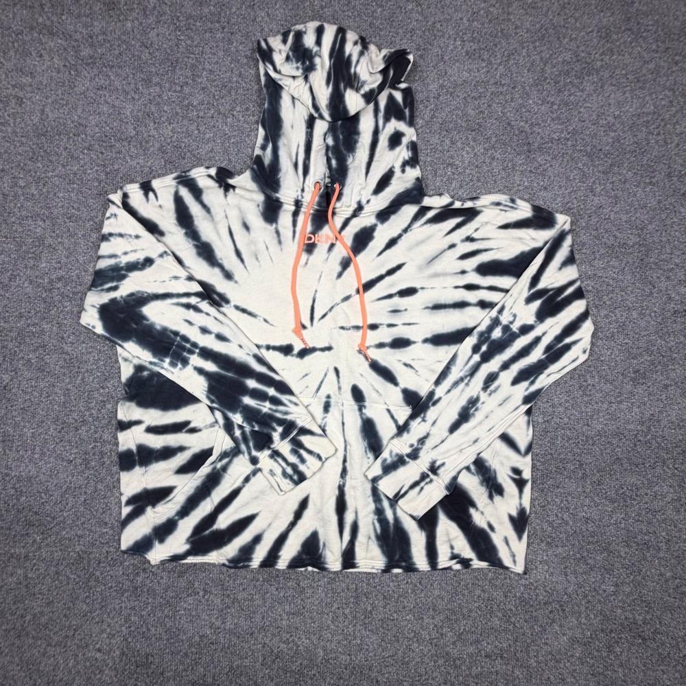 DKNY Sport Womens XL Tie Dye Hoodie Black White Cotton French Terry Pullover